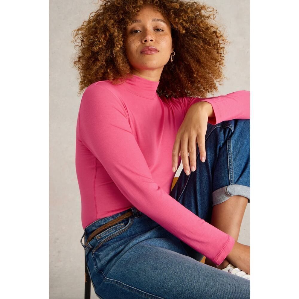 White Stuff Camille High Neck Tee in Bright Pink - Size 6 - NWT